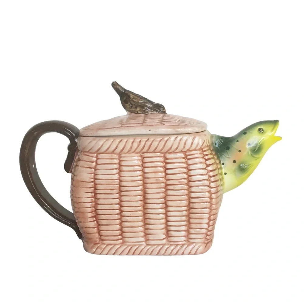Vintage Ceramic Fishing Basket Teapot